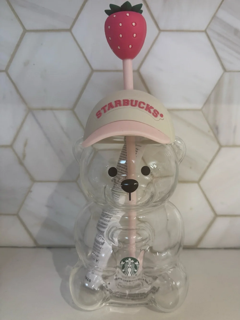 Starbucks Clear Bear Bottle with Pink Hat and Strawberry Straw Topper